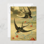 ヴィンテージバレンタインのツバメとハート シーズンポストカード (正面/裏面)