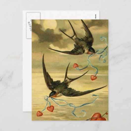 ヴィンテージバレンタインのツバメとハート シーズンポストカード (正面/裏面)