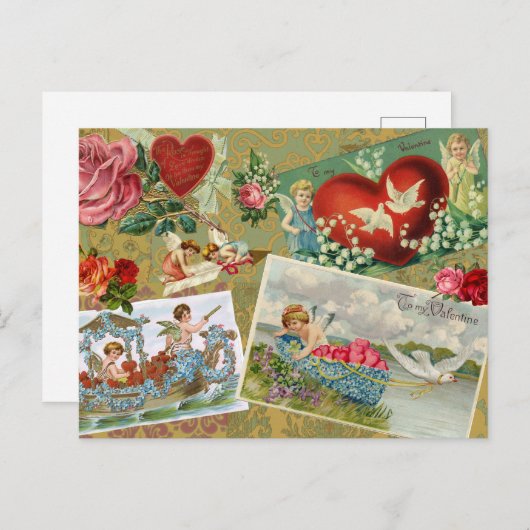 ヴィンテージバレンタインのデコパージュ,天使,花 シーズンポストカード (正面/裏面)
