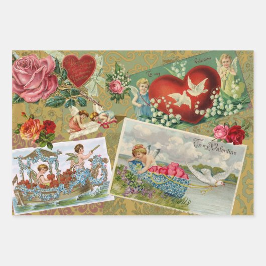 ヴィンテージバレンタインのデコパージュ，天使，花 ラッピングペーパーシート (正面)