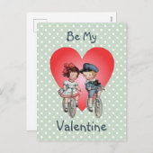 ヴィンテージバレンタインの子ども達をハートで自転車に シーズンポストカード (正面/裏面)