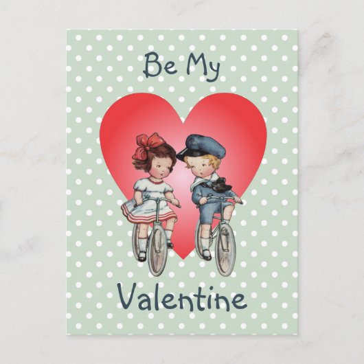 ヴィンテージバレンタインの子ども達をハートで自転車に シーズンポストカード (正面)