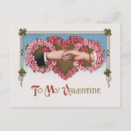 ヴィンテージバレンタインの手とフローラハート シーズンポストカード (正面)
