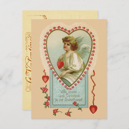 ヴィンテージバレンタインエンジェルとハート シーズンポストカード (正面/裏面)