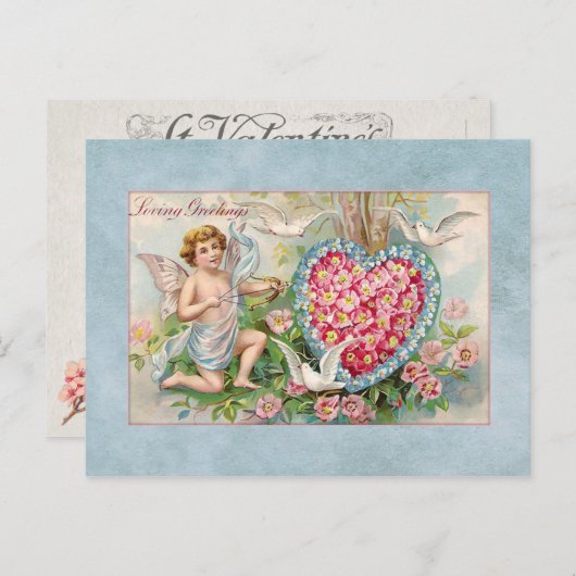 ヴィンテージバレンタインキューピッドとフローラハート シーズンポストカード (正面/裏面)