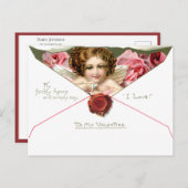 ヴィンテージバレンタインキューピッドピンクローズ ポストカード (正面/裏面)