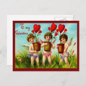 ヴィンテージバレンタインキューピッドホールディング赤いハート植物 シーズンポストカード (正面/裏面)