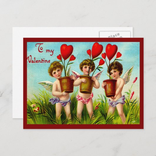 ヴィンテージバレンタインキューピッドホールディング赤いハート植物 シーズンポストカード (正面/裏面)