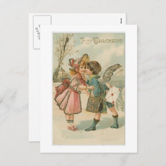 ヴィンテージバレンタインツーキッズキスをする シーズンポストカード (正面/裏面)