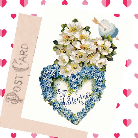 ヴィンテージバレンタインデイカードブルーフローラハート シーズンポストカード