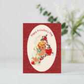 ヴィンテージバレンタインデイカードレッドキューピッドグリッター ポストカード (スタンド正面)