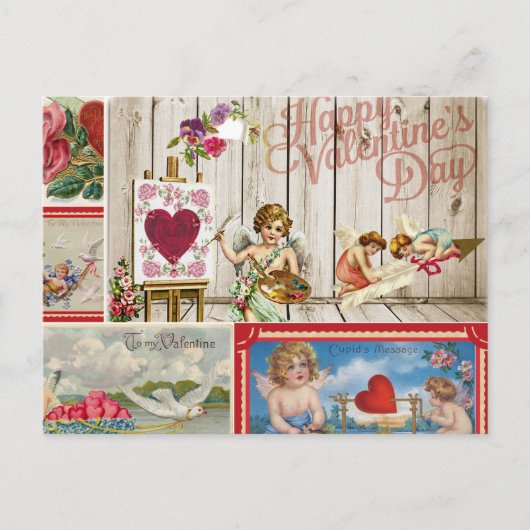 ヴィンテージバレンタインデイコラージュ – 天使、ハート シーズンポストカード (正面)