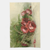 ヴィンテージバレンタインデイラブクリムゾンレッドローズ キッチンタオル (縦)