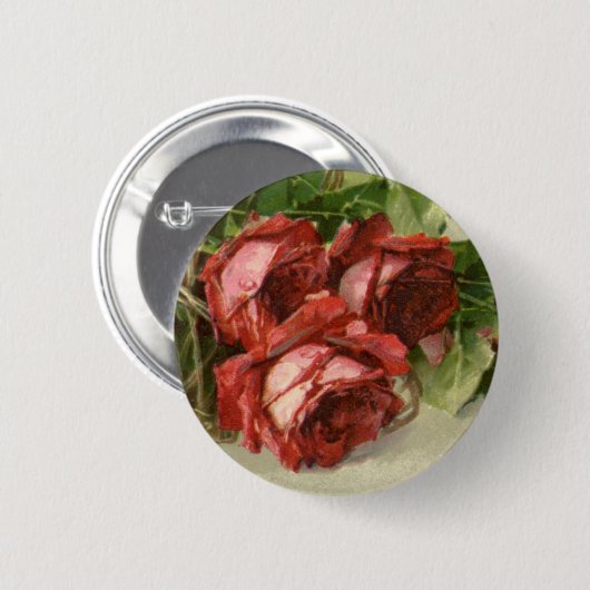 ヴィンテージバレンタインデイラブクリムゾンレッドローズ 缶バッジ (正面&裏面)