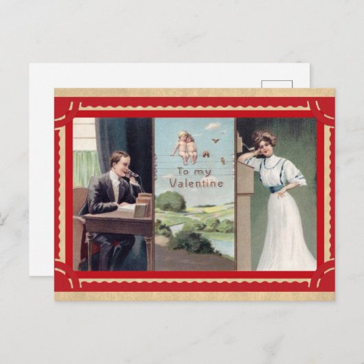 ヴィンテージバレンタインデーかわいいカップル電話 ポストカード (正面/裏面)