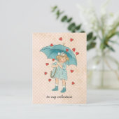 ヴィンテージバレンタインデーかわいい女の子の雨のハート シーズンポストカード (スタンド正面)
