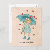 ヴィンテージバレンタインデーかわいい女の子の雨のハート シーズンポストカード (正面/裏面)