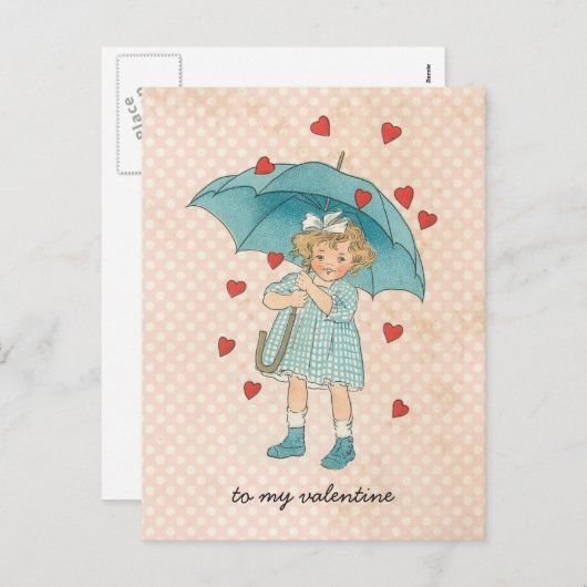 ヴィンテージバレンタインデーかわいい女の子の雨のハート シーズンポストカード (正面/裏面)