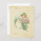 ヴィンテージバレンタインデーかわいい女の子ピンクのバラ愛 シーズンポストカード (正面/裏面)