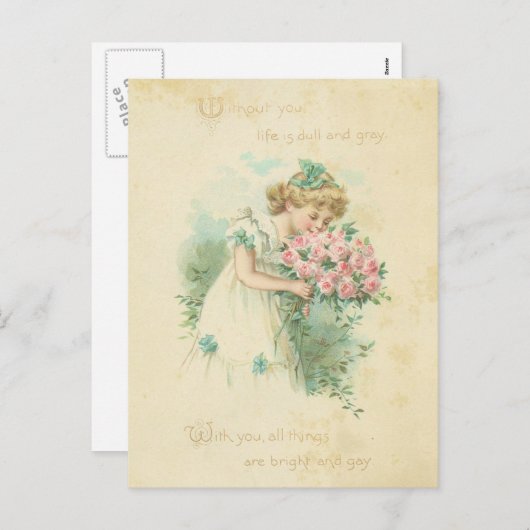 ヴィンテージバレンタインデーかわいい女の子ピンクのバラ愛 シーズンポストカード (正面/裏面)