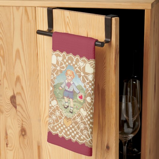 ヴィンテージバレンタインデーかわいい子in the Meadow キッチンタオル (三つ折り)