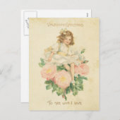 ヴィンテージバレンタインデーかわいらしピンクのローズかわいい女の子 シーズンポストカード (正面/裏面)