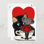 ヴィンテージバレンタインデーねこマウスティーカップハート ポストカード (正面/裏面)