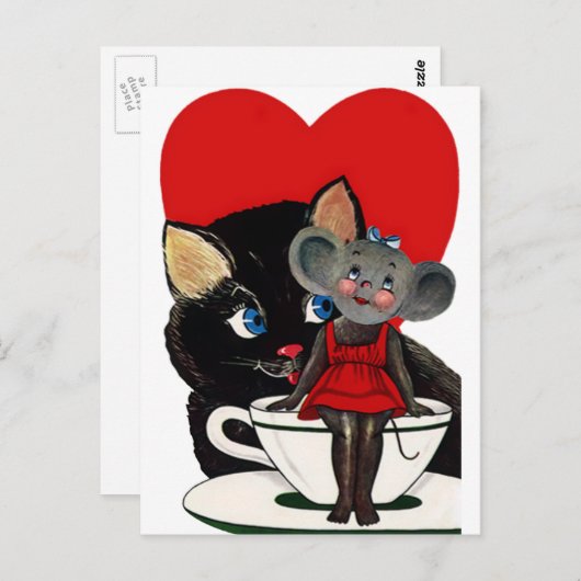ヴィンテージバレンタインデーねこマウスティーカップハート ポストカード (正面/裏面)