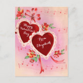 ヴィンテージバレンタインデーのカード赤いハートと音楽 シーズンポストカード (正面)