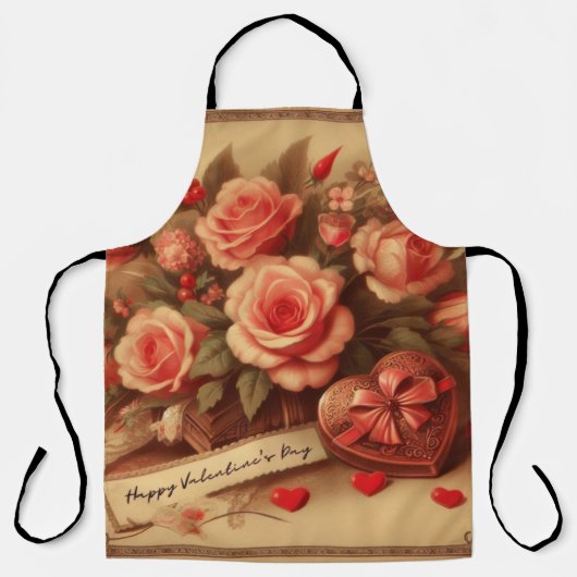 ヴィンテージバレンタインデーのチョコレートと花 エプロン (正面)