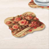 ヴィンテージバレンタインデーのチョコレートと花 ペーパーコースター (アングル)