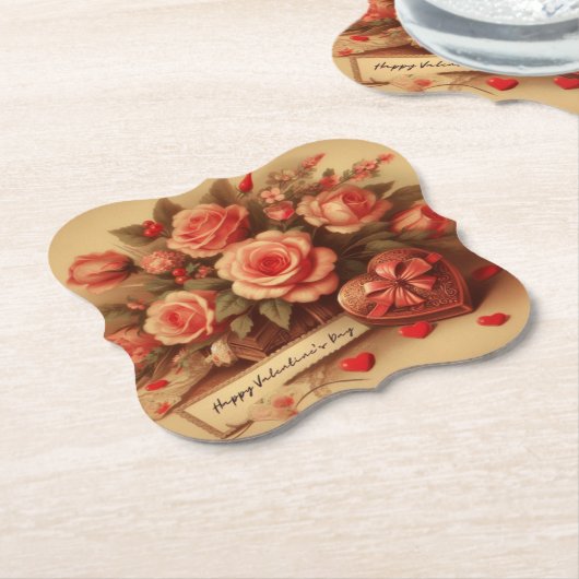 ヴィンテージバレンタインデーのチョコレートと花 ペーパーコースター (アングル)