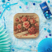 ヴィンテージバレンタインデーのチョコレートと花 ペーパープレート (パーティー)