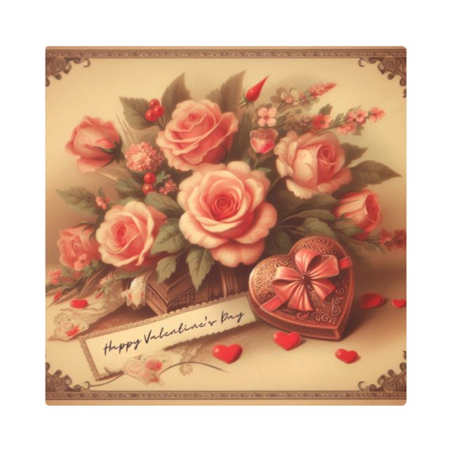 ヴィンテージバレンタインデーのチョコレートと花 メタルプリント (正面)