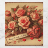 ヴィンテージバレンタインデーのチョコレートと花 ワインラベル (シングルラベル)