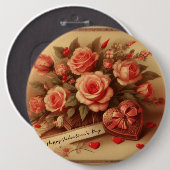 ヴィンテージバレンタインデーのチョコレートと花 缶バッジ (正面&裏面)