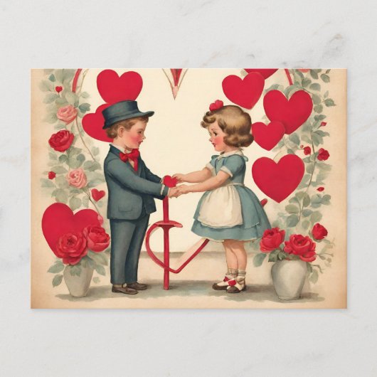 ヴィンテージバレンタインデーの子ども シーズンポストカード (正面)