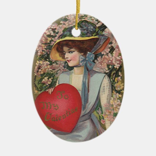 ヴィンテージバレンタインデーエレガントハート付き セラミックオーナメント (正面)