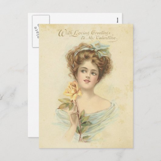ヴィンテージバレンタインデーエレガントレディーイエローローズ シーズンポストカード (正面/裏面)