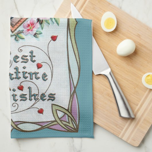 ヴィンテージバレンタインデーエレガント、ハートの女性 キッチンタオル (四つ折り)