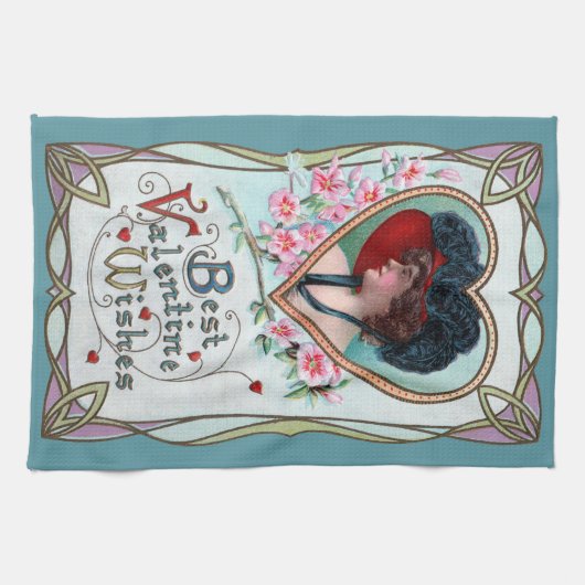 ヴィンテージバレンタインデーエレガント、ハートの女性 キッチンタオル (横)