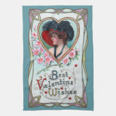 ヴィンテージバレンタインデーエレガント、ハートの女性 キッチンタオル (縦)