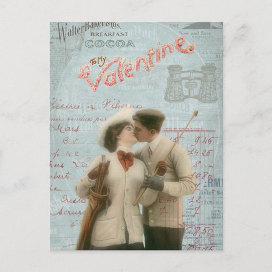ヴィンテージバレンタインデーキスをするカップルのコラージュ シーズンポストカード (正面)
