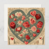 ヴィンテージバレンタインデーハートとバラ シーズンカード (正面/裏面)