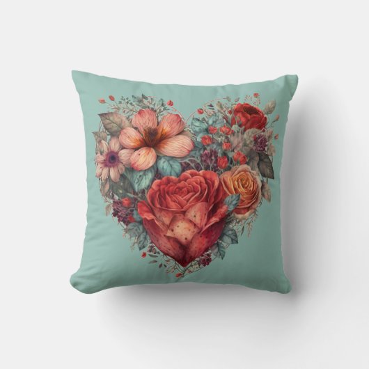 ヴィンテージバレンタインデーハートと花 クッション (正面)