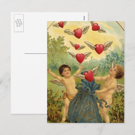 ヴィンテージバレンタインデービクトリアンチェルブスハート シーズンポストカード (正面/裏面)