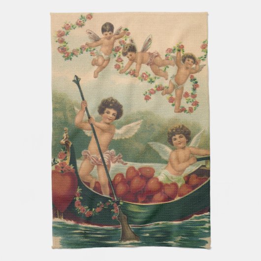 ヴィンテージバレンタインデービクトリアンチェルブス キッチンタオル (縦)