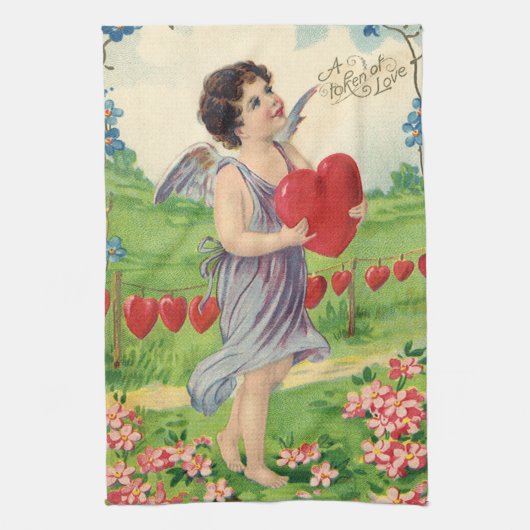 ヴィンテージバレンタインデービクトリアンハート天使 キッチンタオル (縦)