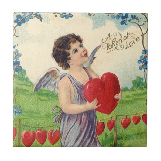 ヴィンテージバレンタインデービクトリアンハート天使 タイル (正面)