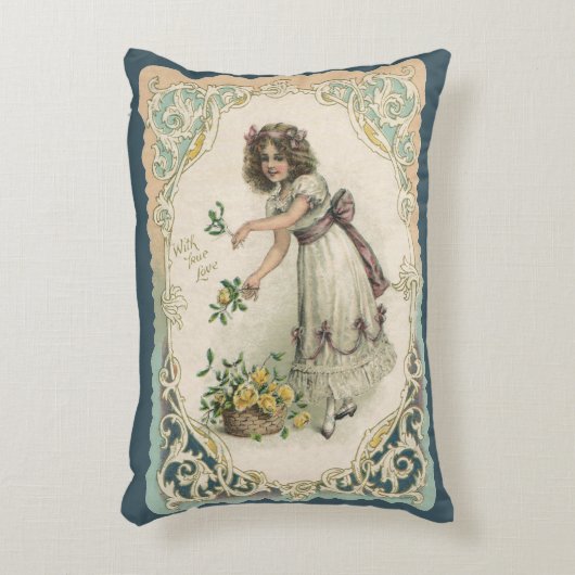 ヴィンテージバレンタインデービクトリアンバラ付き女の子 アクセントクッション (正面(垂直))